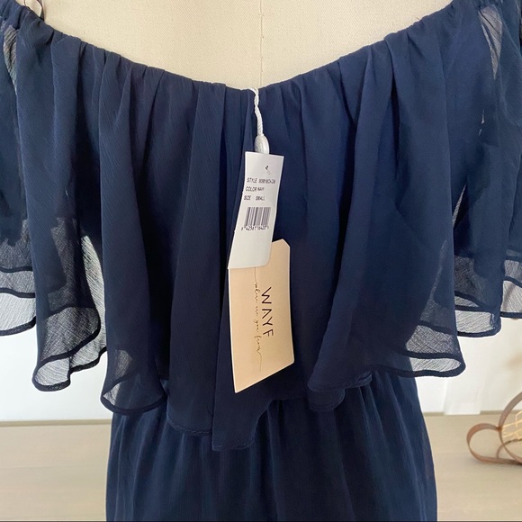 NEW Wayf Off The Shoulder Ruffle Popover Navy Gown - Picture 4 of 12
